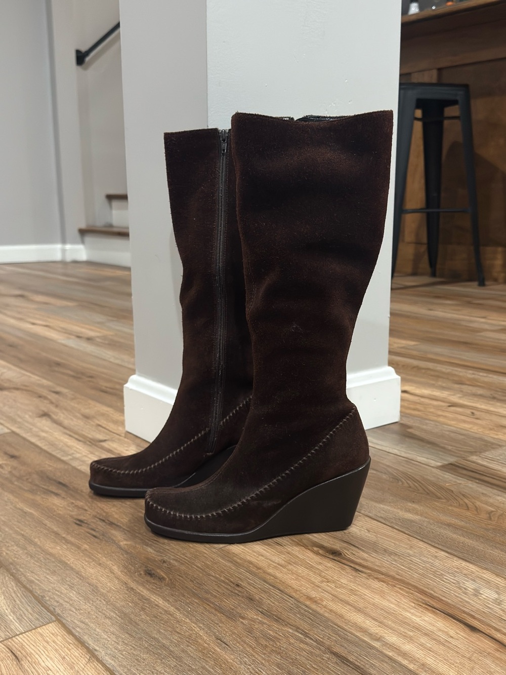 AEROSOLES Vintage 90s Dark Brown Suede Knee-high Moccasin Wedge Boots | Size 8